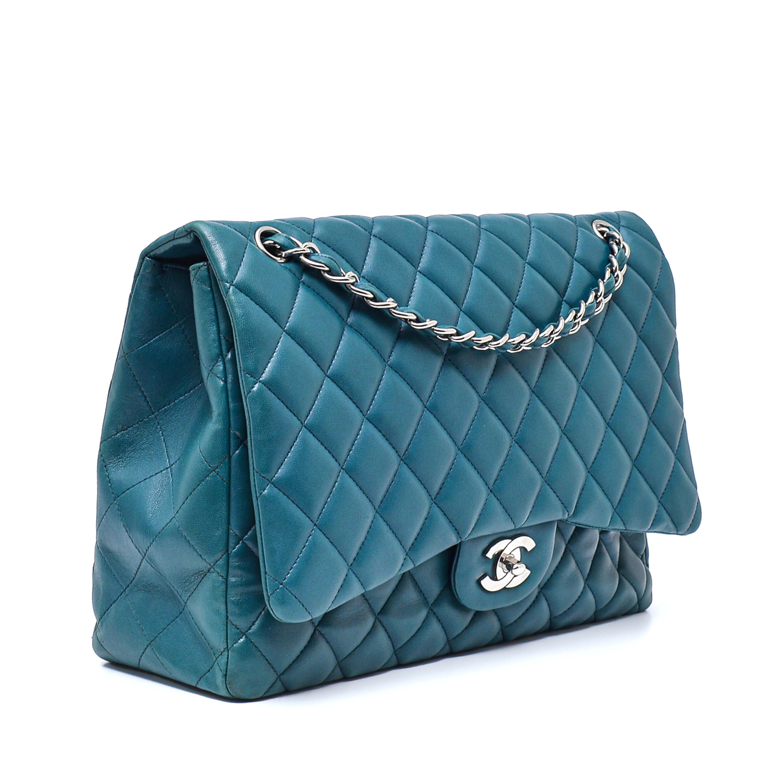 Chanel - Turquoise Quilted Lambskin Leather Maxi Jumbo Single Flap Bag